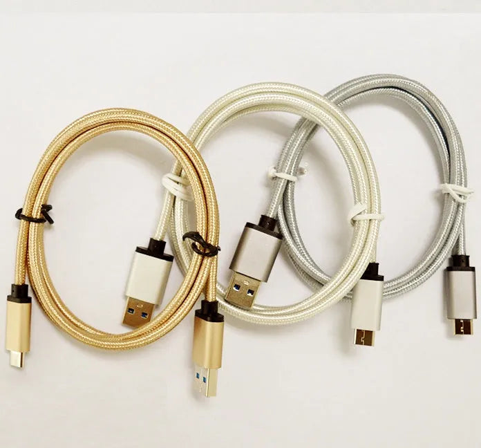 Metal USB Type-C to USB 3.0 charging cable in silver, grey, or gold colour.