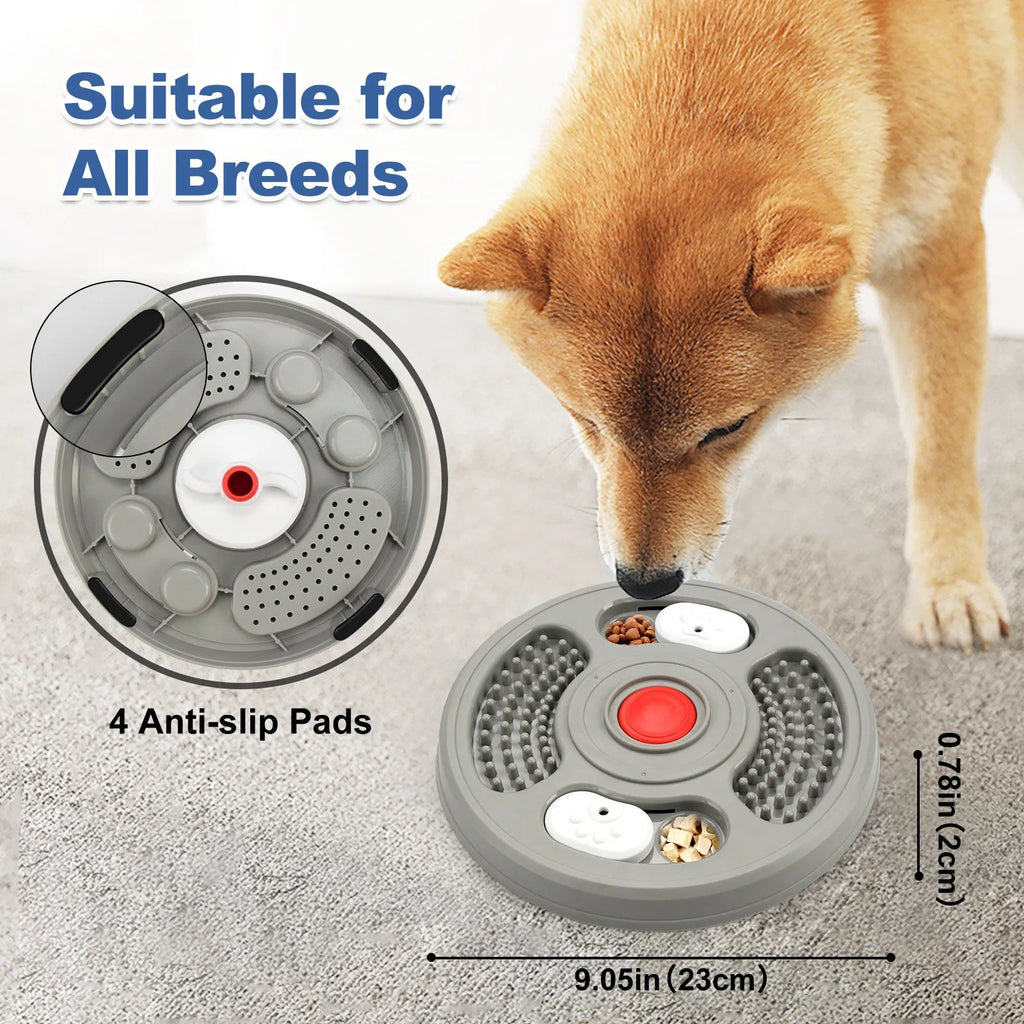 Blue and grey plastic dog slow feeder bowl with anti-slip base and food puzzle grooves
