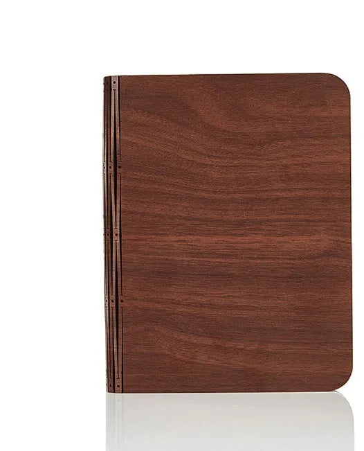 Solid wood book light in three sizes with USB cable, showing white and warm white light options.