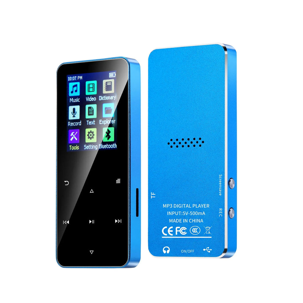 Walkman student version Bluetooth player with 1.8 inch screen, touch buttons, 9 x 4 x 1cm body, black silver blue pink