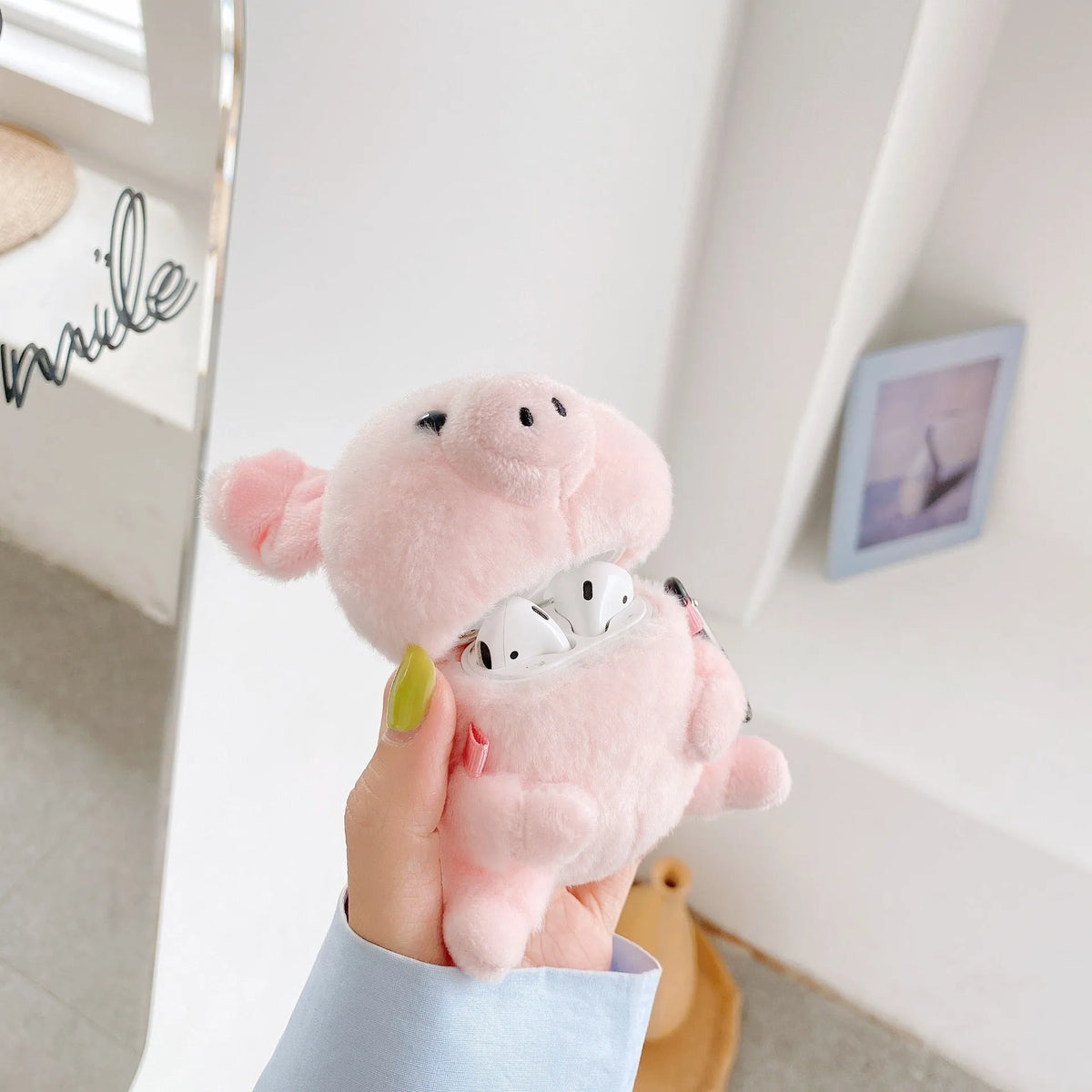 Pink pig cartoon plush earphone case for Apple AirPods 1 2, PC protective back cover