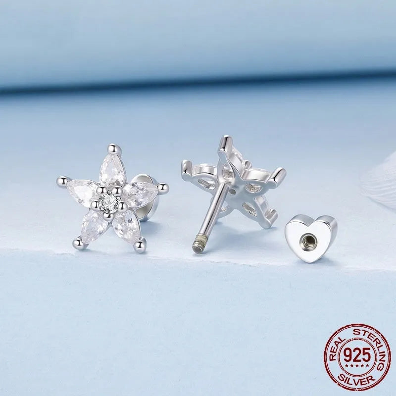 Small silver flower ear studs with shining zircon detail, Christmas style, one pair, colour BSE1239