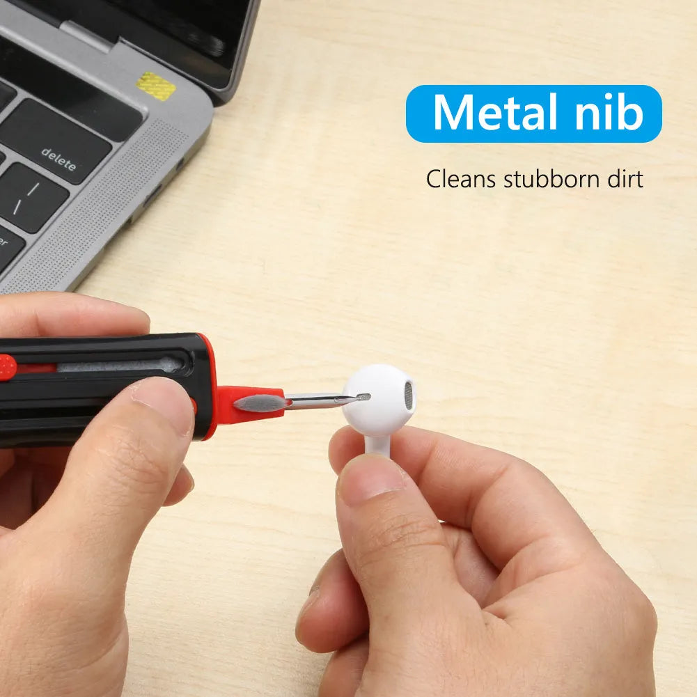 White and red cleaning pen for AirPods Pro with metal pick, brush, and sponge heads.