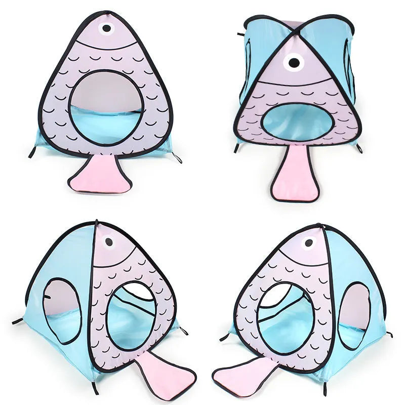 Foldable PP plastic cat tent and tunnel play set with cat and fish print design