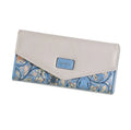 Large black three-fold leather wallet with a silver buckle clip, shown open to reveal card slots and note compartment.