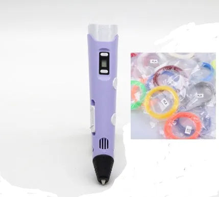 Yellow 3D printing pen with 12 colour PLA filament spools and UK power adapter on a white background