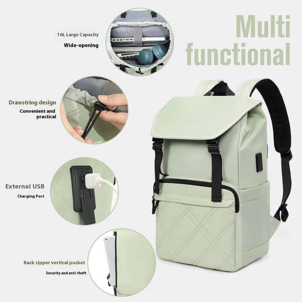 Light green schoolgirl travel backpack showing laptop compartment and organisational pockets