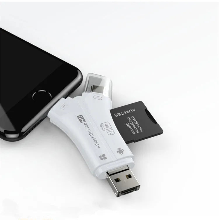 White ABS mobile phone memory card reader supporting SD and TF cards via USB 2.0