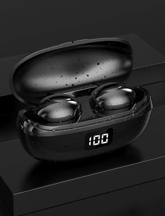 Black and white wireless in-ear Bluetooth headphones with a compact charging case.