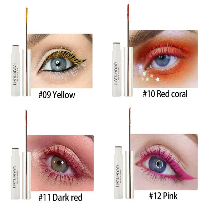 Colour mascara for thick curls with fine brush head, smudge-proof formula, 12 colours available including Black Blue Brown