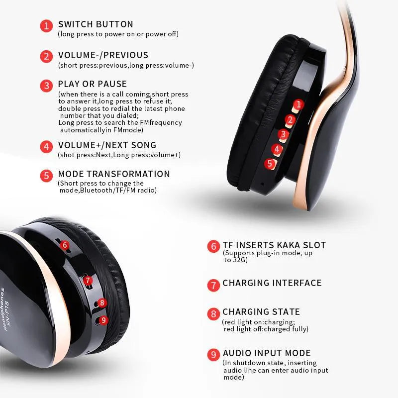 HobbyLane over-ear Bluetooth headset in black, red, and white colour options on a plain background.