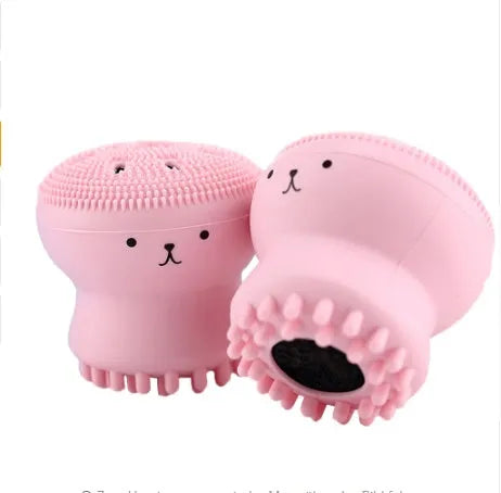 Cartoon octopus silicone wash brush in Blue, Green, Pink, Purple and Rose red for manual facial cleansing and massage.