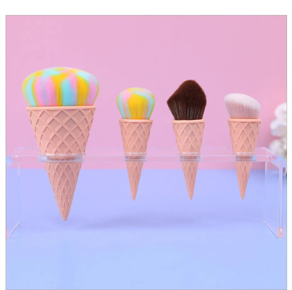 Set of 4 ice cream themed makeup brushes with artificial fibre bristles and plastic handles in paper box