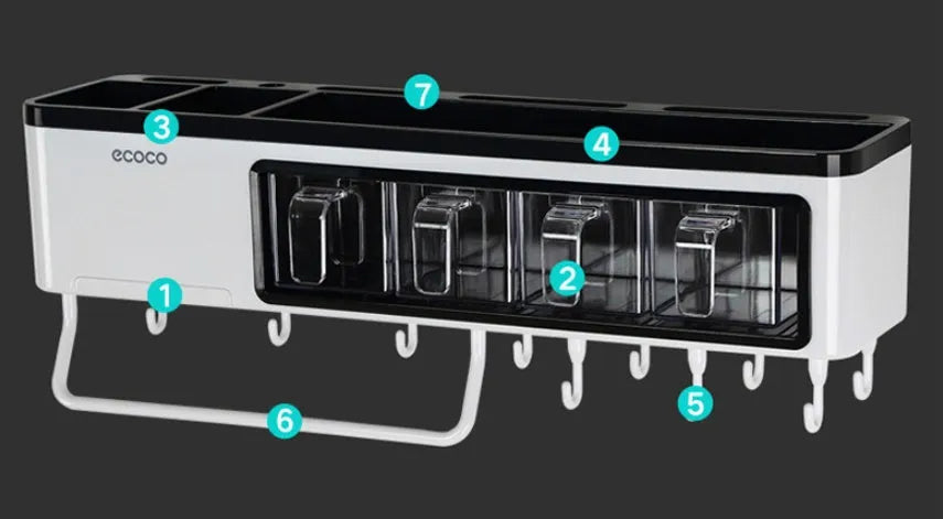 White plastic multi-function wall-mounted kitchen storage rack holding utensils and seasoning bottles