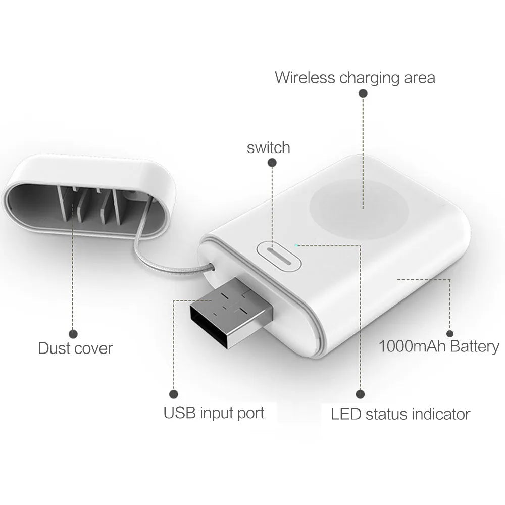 White magnetic wireless portable charger for Apple Watch showing compact size