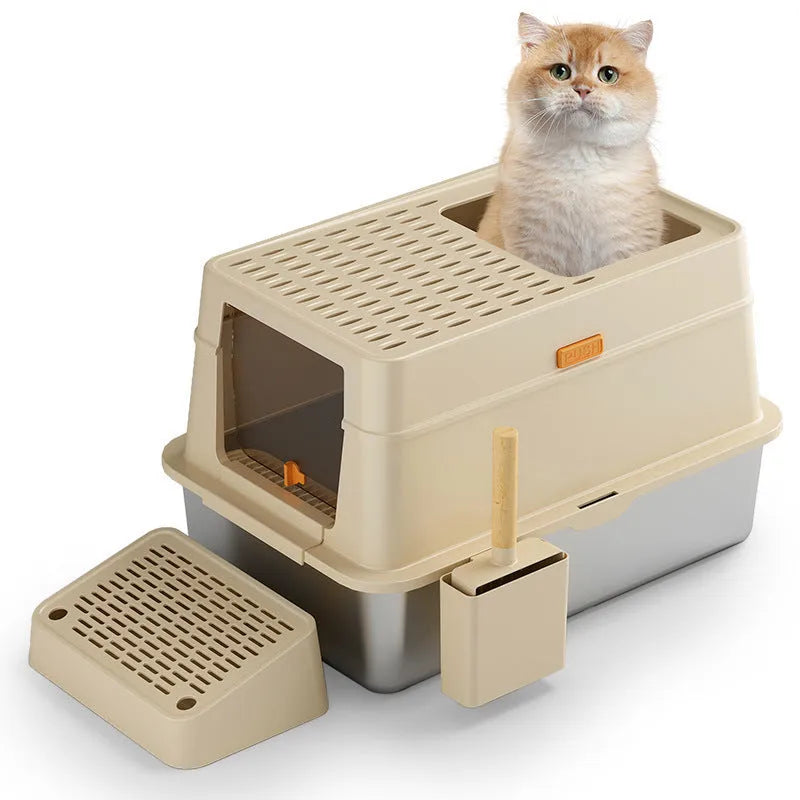 Grey enclosed cat litter box with pedal-operated entrance and dustbin-style ABS plastic construction.