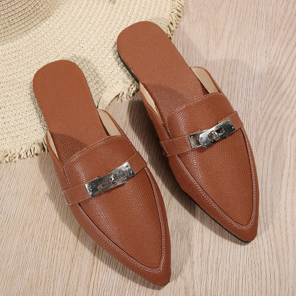 Light brown women's pointed toe slip-on shoes with low heel and rubber sole