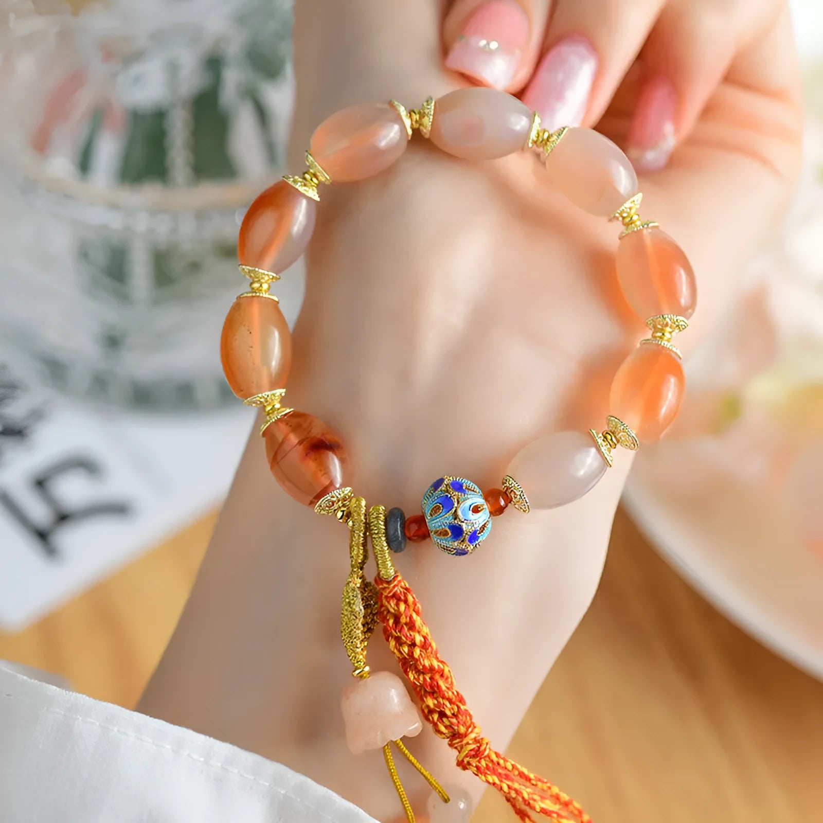 Handcrafted agate Tibetan bracelet with flower and geometric designs in vintage ethnic style