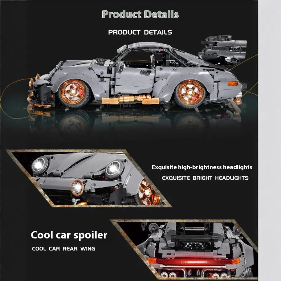 Cement gray sports car assembled building block toy model of a lying Porsche on a flat surface