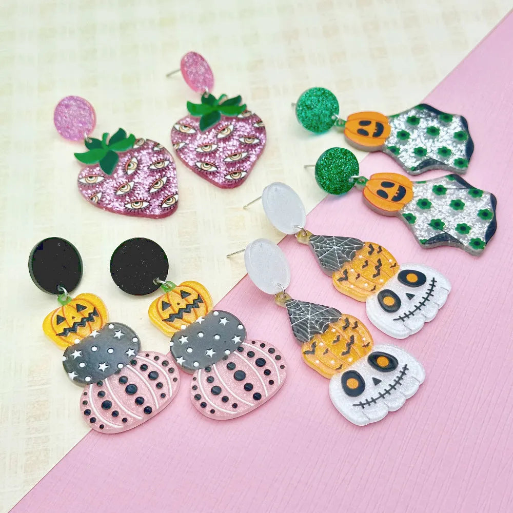 Funny Halloween acrylic earrings with colourful ghost eyes pumpkin print dark style women jewellery
