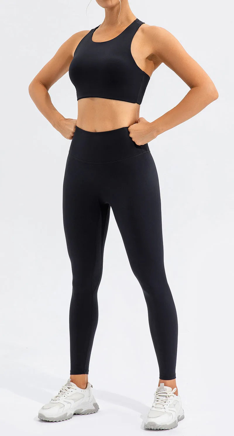 High waist running sports fitness yoga clothes set in Lycra fabric off-white black and dark brown tight fit women