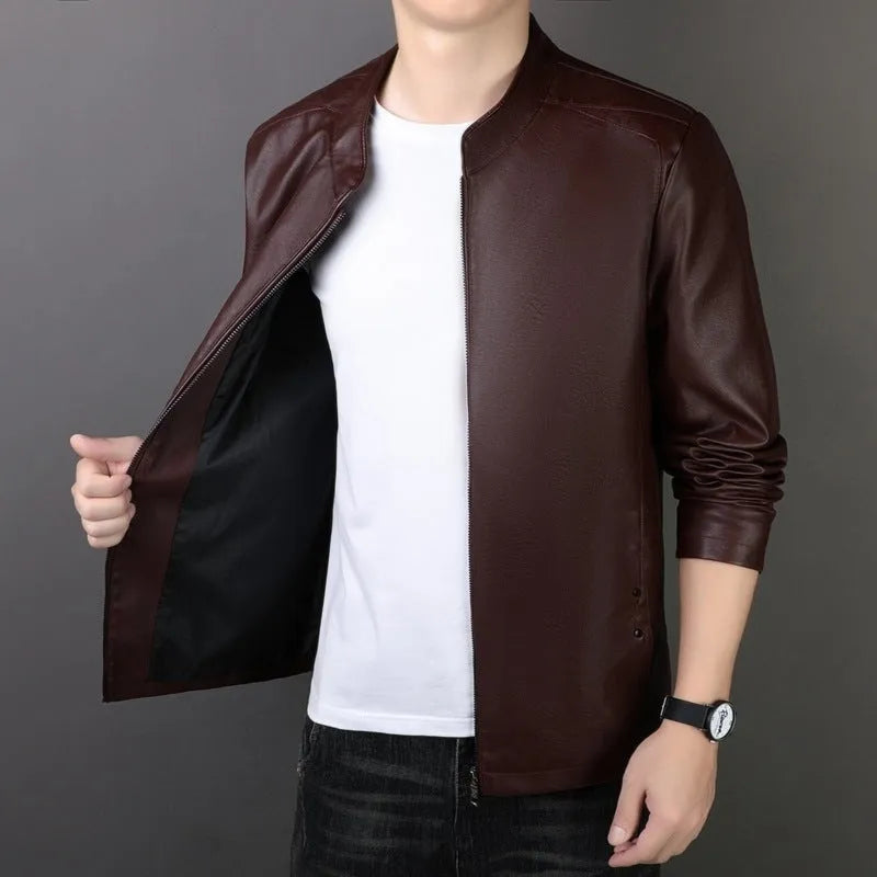 Men's PU leather jacket loose fit medium length 65cm black colour front view
