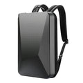 Men's titanium silver hard shell laptop backpack with lock, showing front view and organiser pockets.