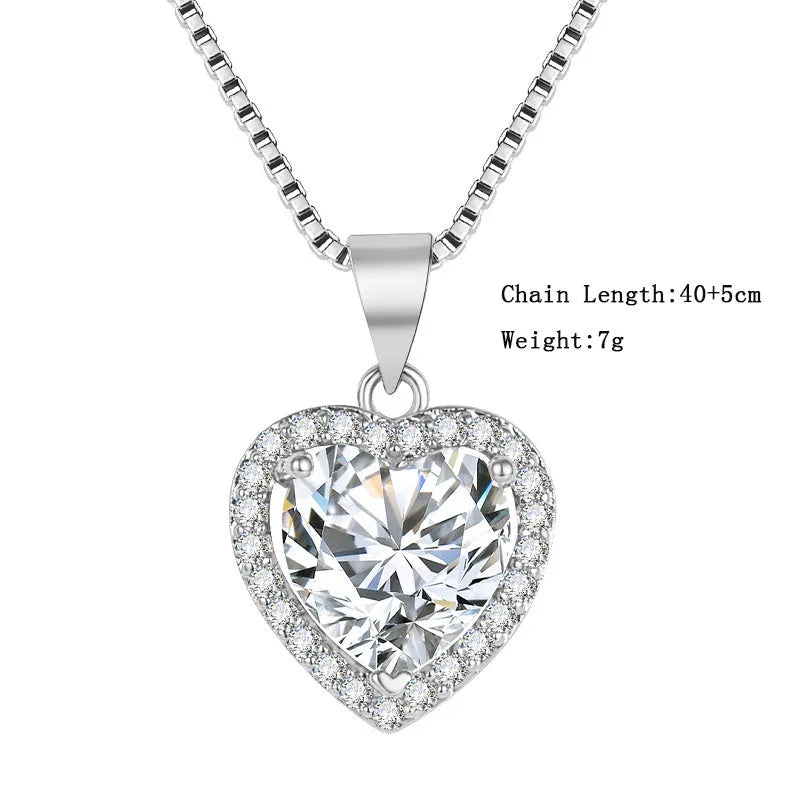 Silver heart pendant necklace with white diamond imitation moissanite on a copper chain, 45cm length, trendy style, 2023 new design