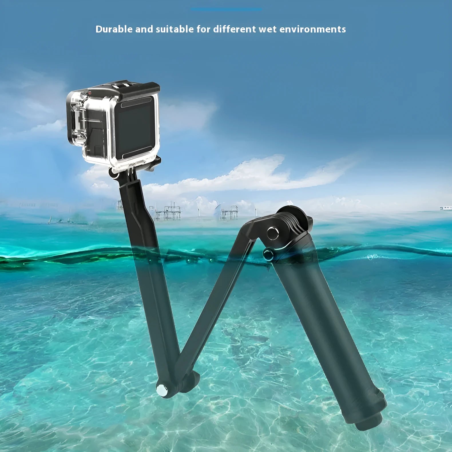 Black portable folding tripod stand for GoPro Hero action cameras in open and closed positions.