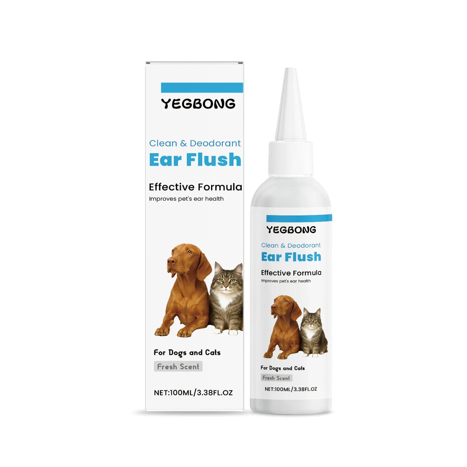 100ml bottle of gentle ear cleaner solution for dogs and cats on a white background.