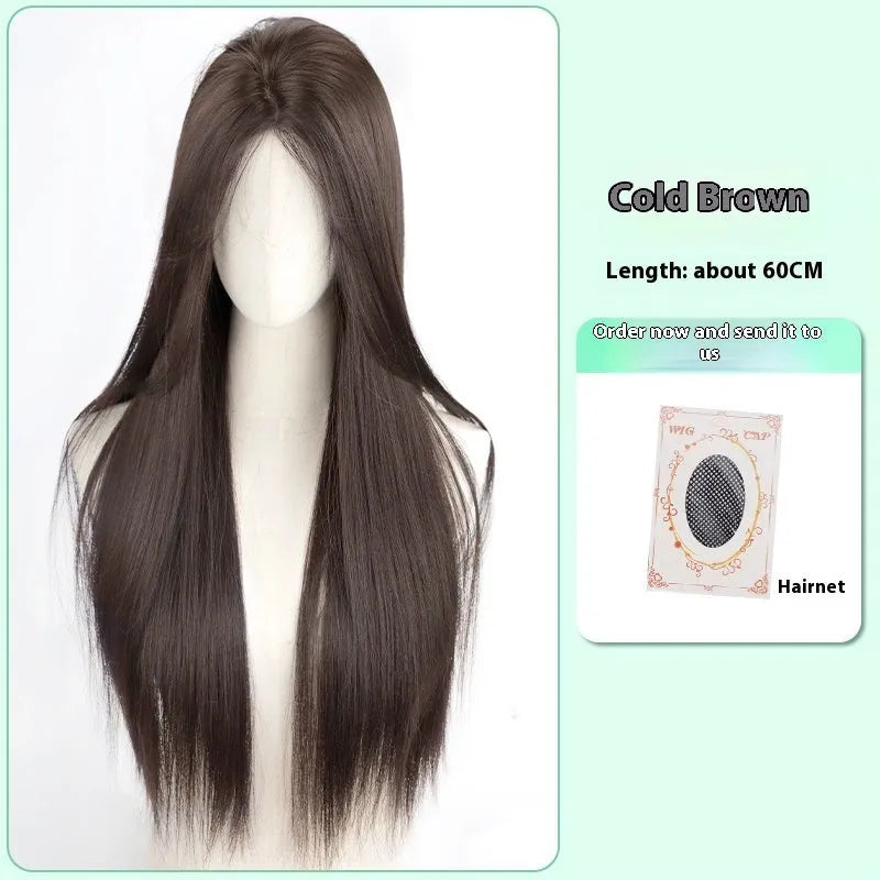 Female full-head wig with forehead lace construction in brown black synthetic high-temperature fibre