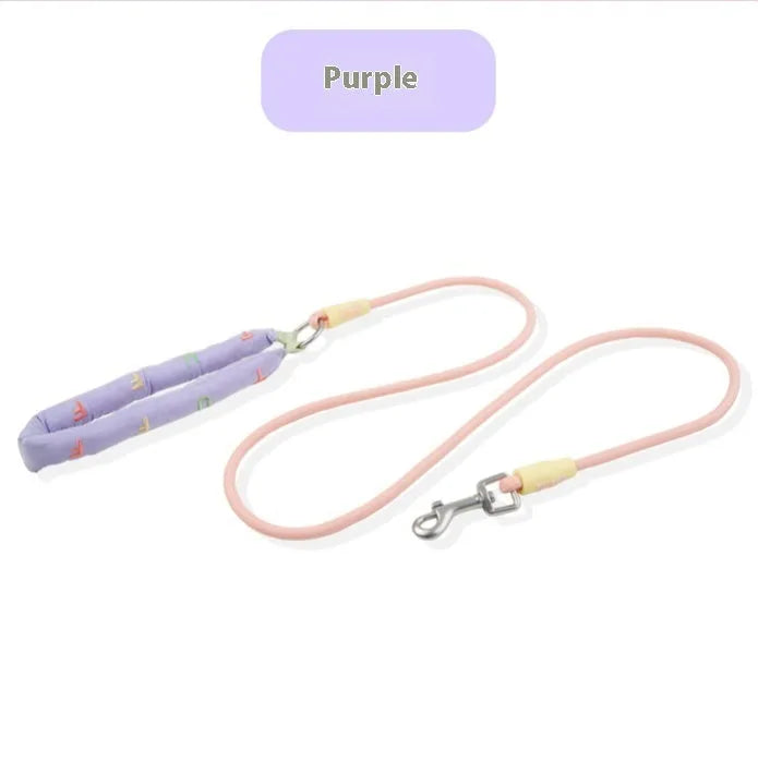 A 150cm long polyester dog leash with a hand-holding rope, shown in a choice of pink, green, purple, or raspberry powder colours.