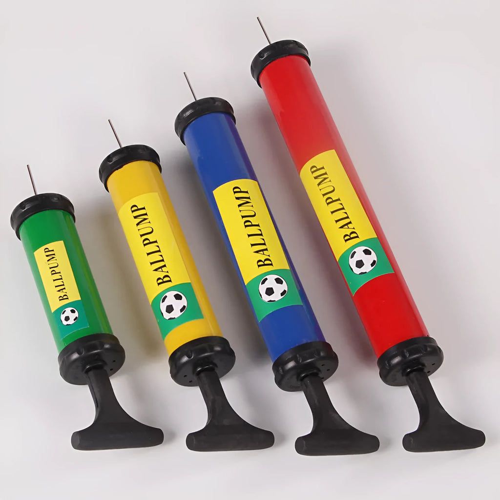 A plastic manual hand pump for inflating sports balls and balloons, shown in a mixed colour.