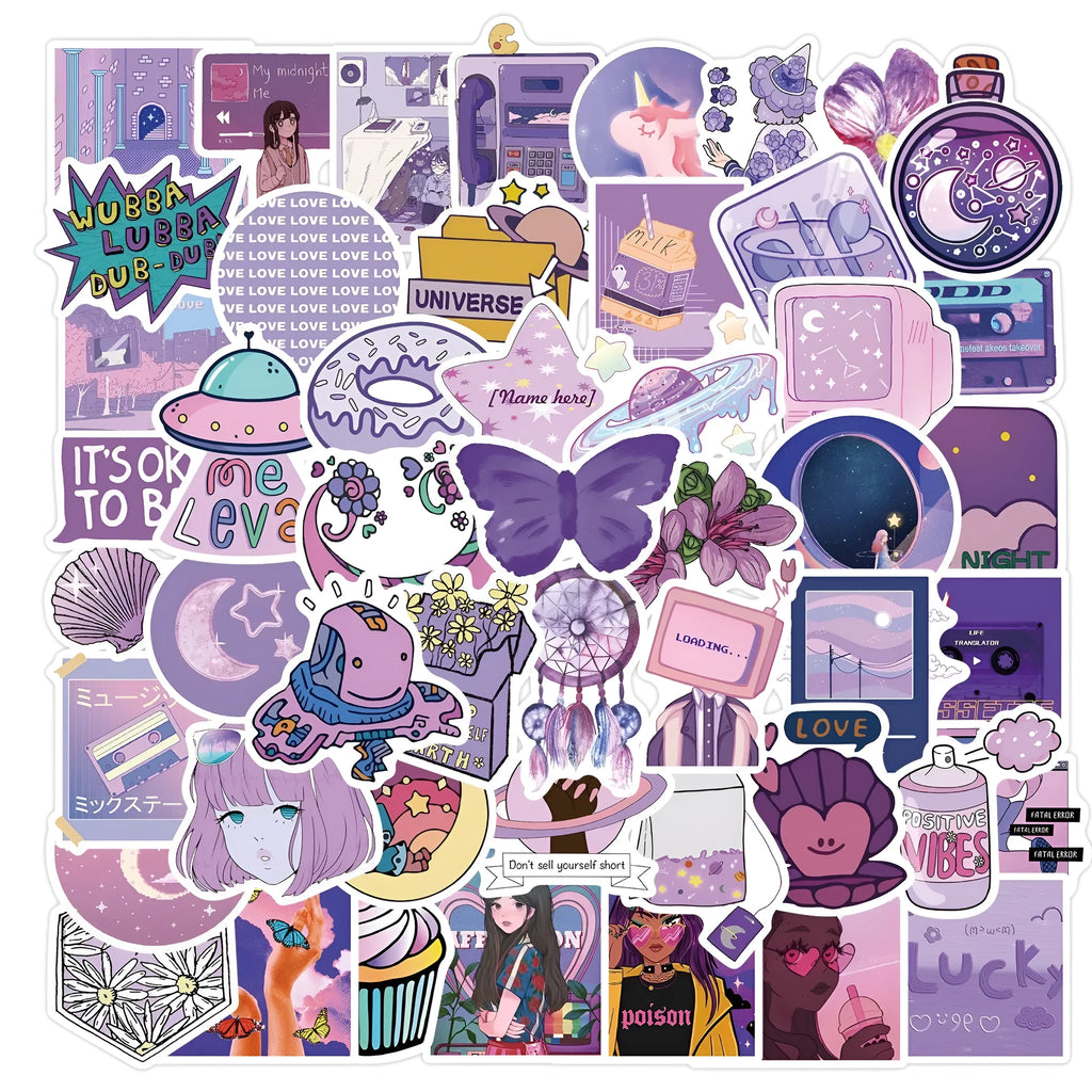 Purple graffiti cartoon self-adhesive stickers for luggage, 50 pack, each 4-6cm, with colourful cartoon skin pattern