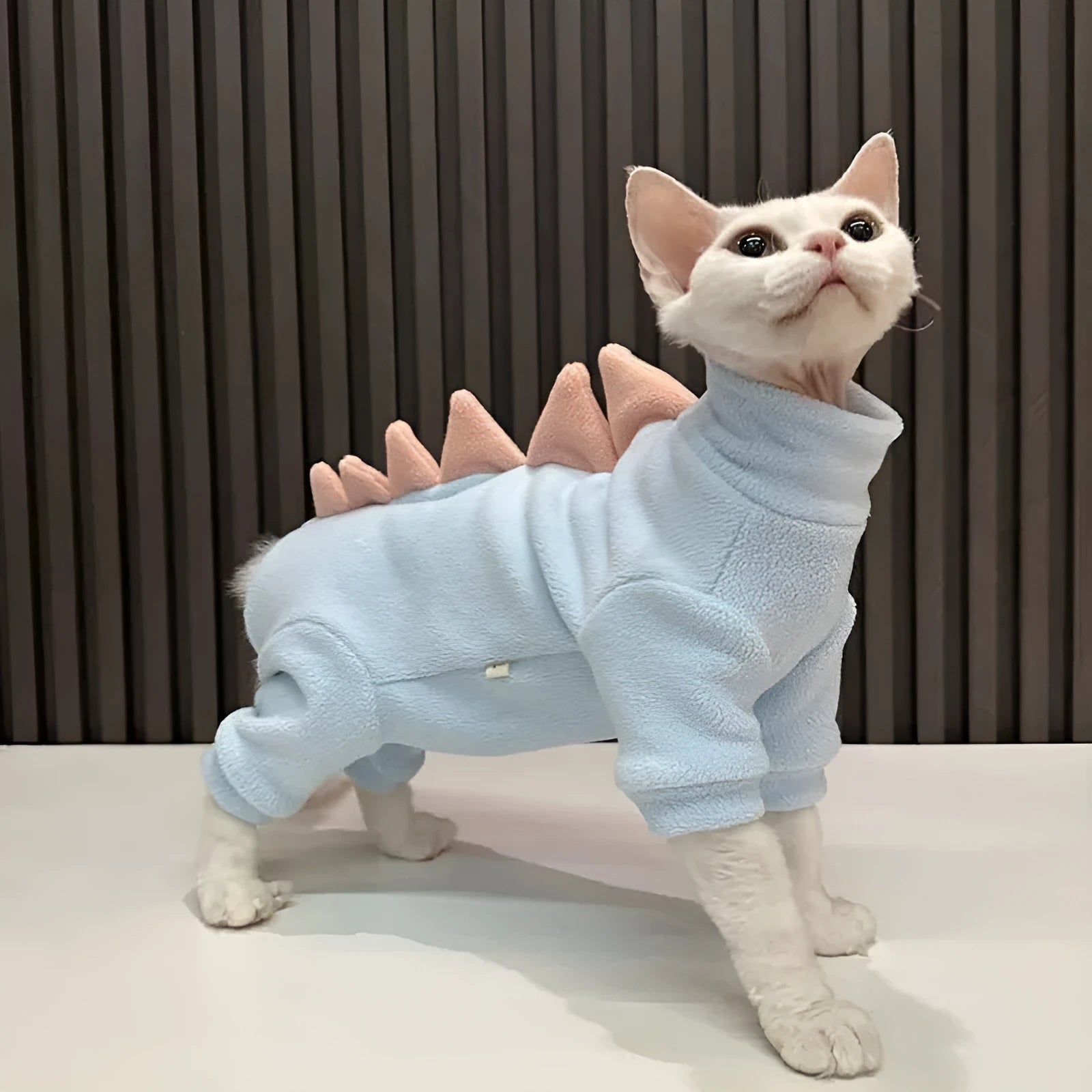 Sphynx cat wearing a green dinosaur fleece costume with a tail and back spikes.