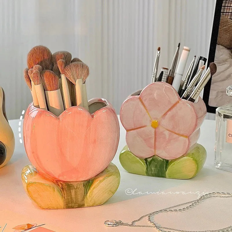 Ceramic floral pen holder and storage box for desktop organisation in decorative patterns