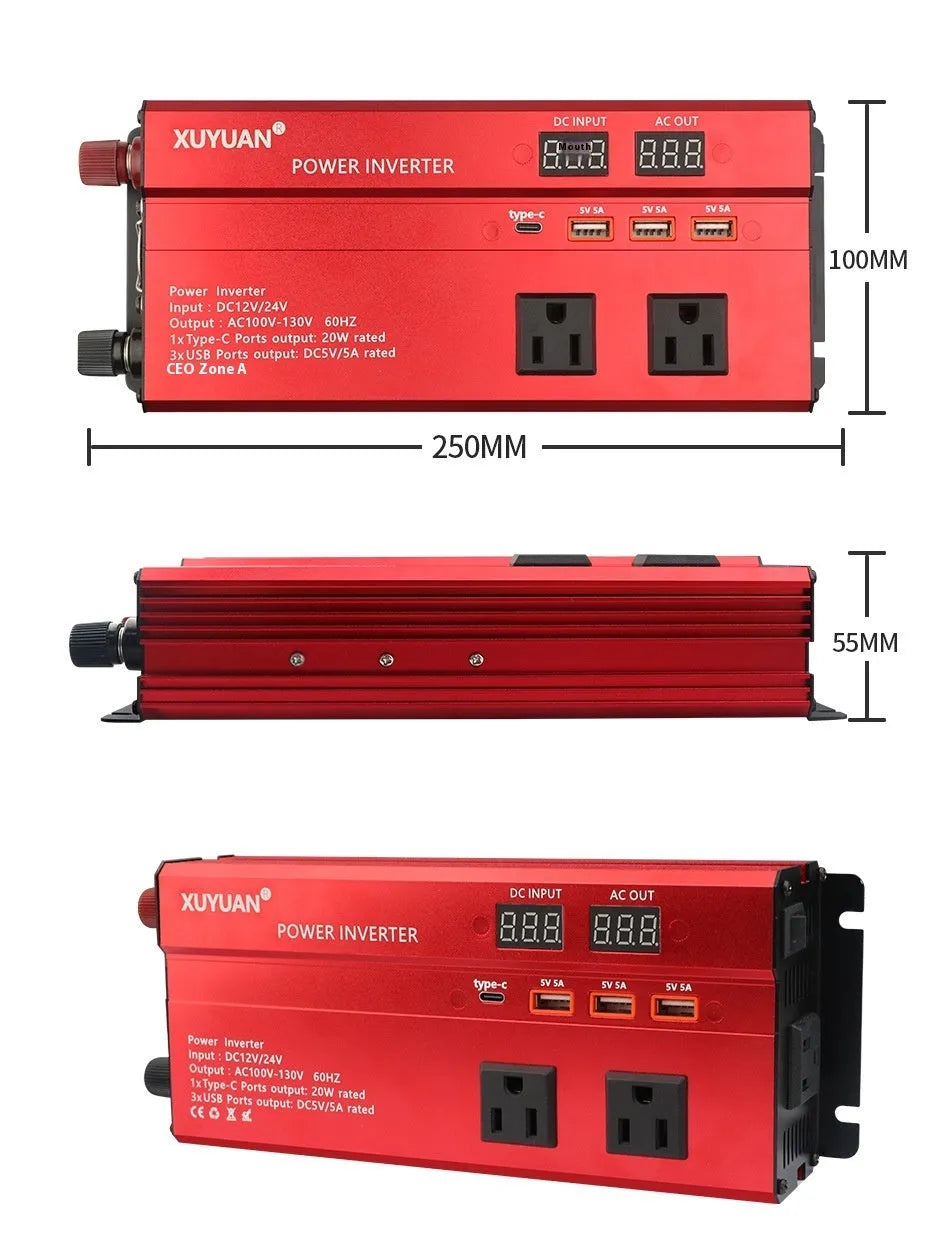 1200W car inverter 12V 24V to 110V US outlet, black or red, 26cm x 10cm x 5.5cm, LED display