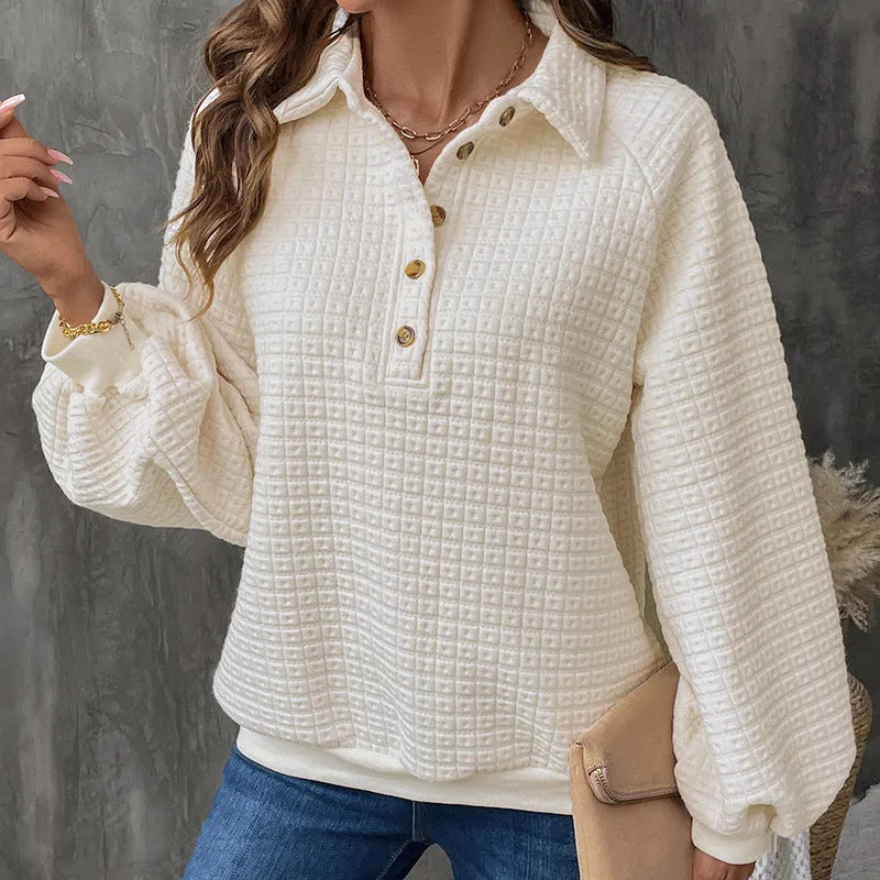 Women's milky white polo collar pullover sweater with long sleeves