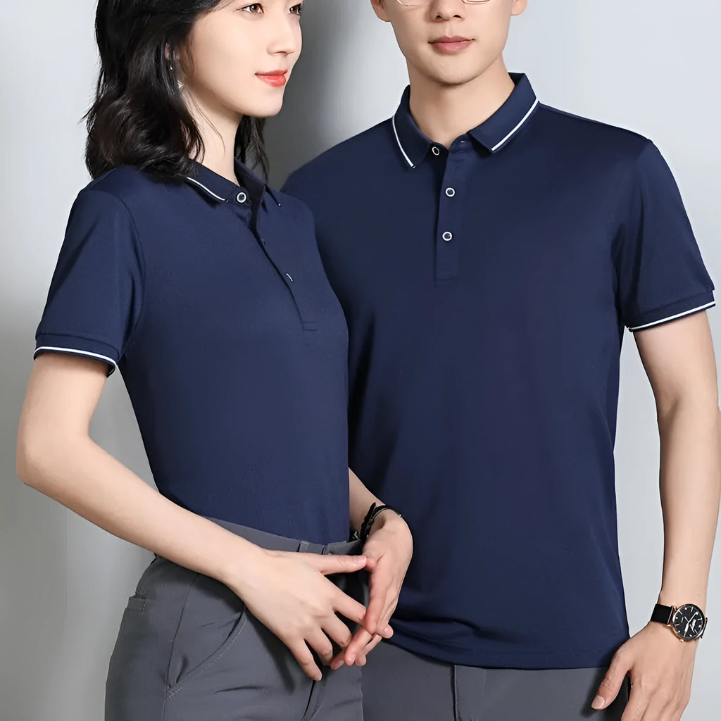 Short-sleeved polo work shirt for beauticians in cool silk cotton fabric with asymmetrical design