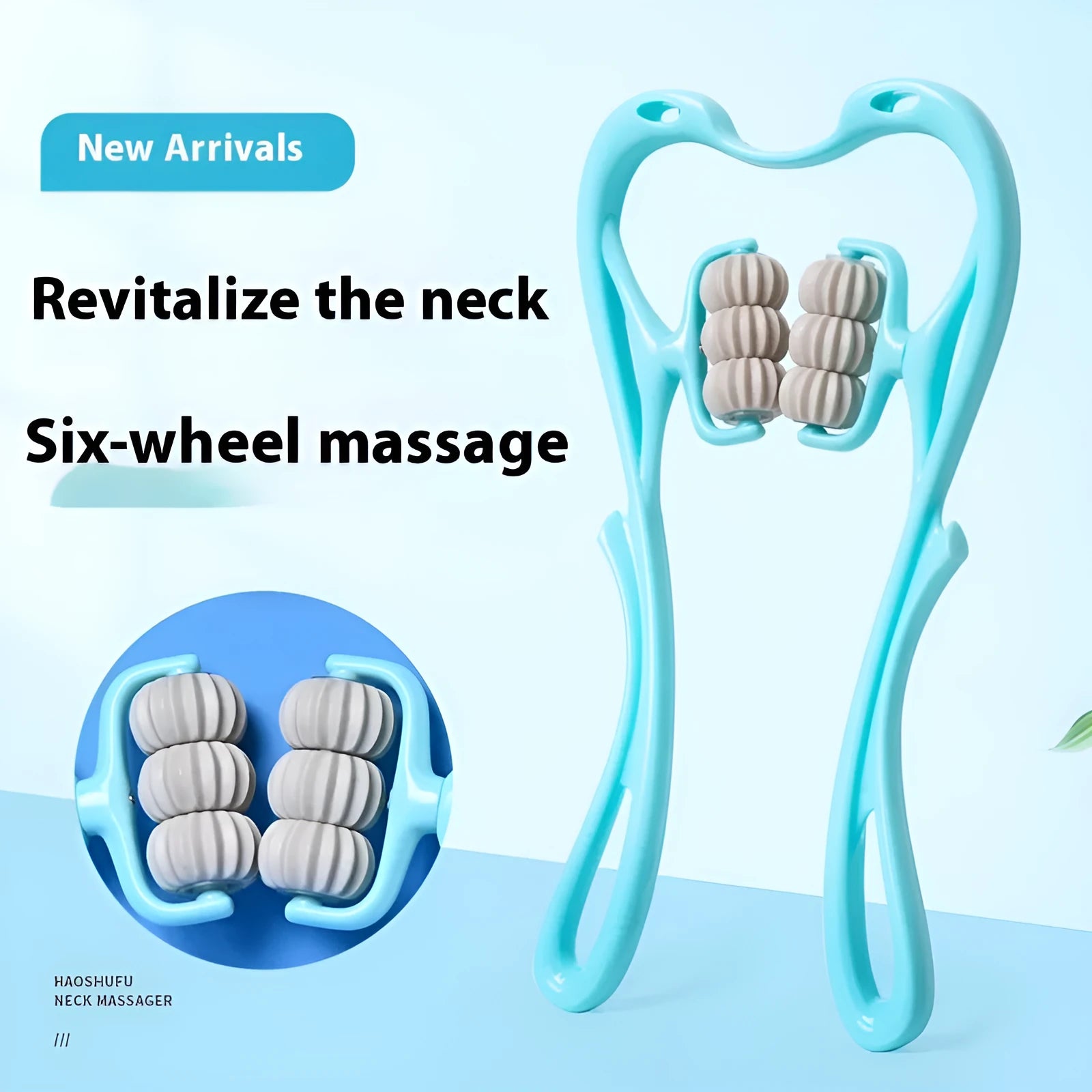 Blue six-wheel manual neck and shoulder massager with adjustable intensity settings on a white background