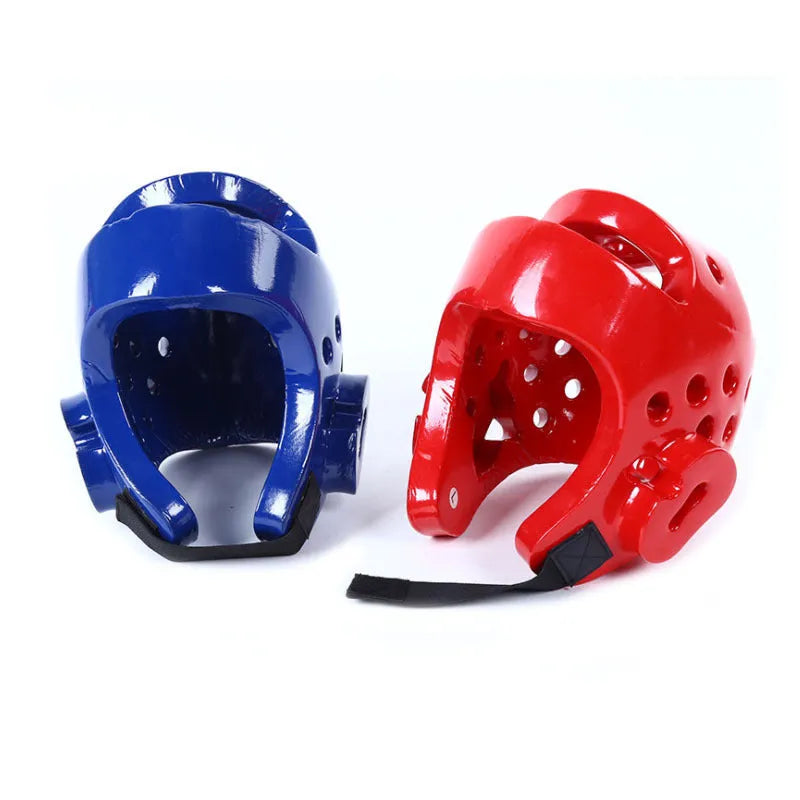 Karate protective gear set with red boxing gloves, leg guards, and helmet for martial arts training