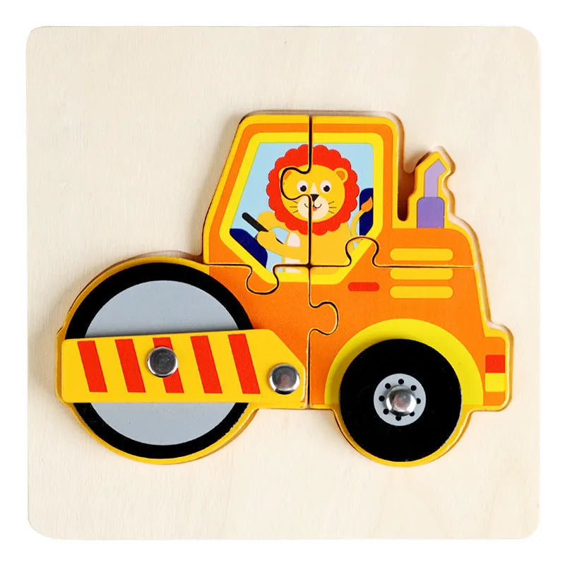 Children wooden traffic puzzle toy 14.8cm in bulldozer design for infants aged 0-3