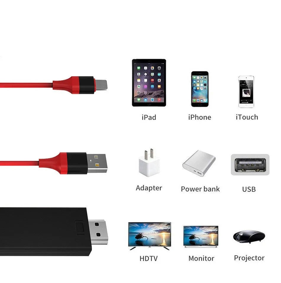 Black Lightning to HDMI cable adapter for iPhone 5 to 11 Pro Max with reversible plug