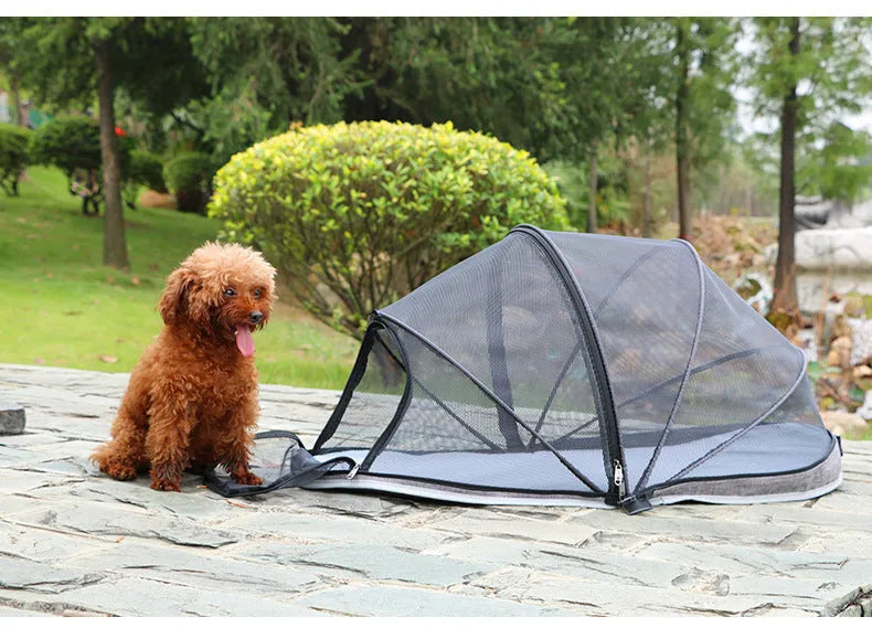Portable black and mesh folding tent for cats shown set up as a pet bed and travel cage.