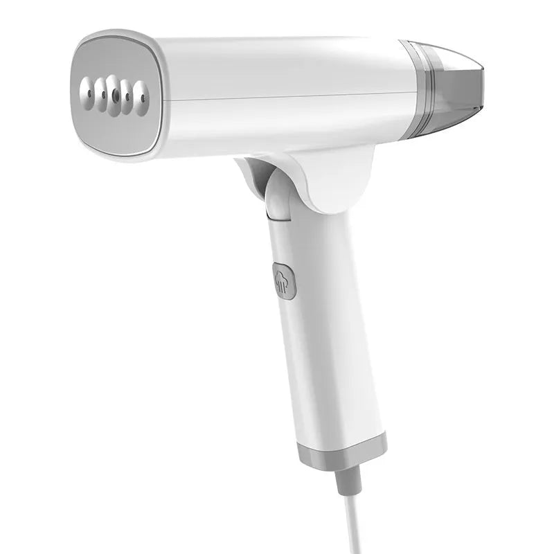 Blue handheld garment steamer with water tank and temperature control buttons