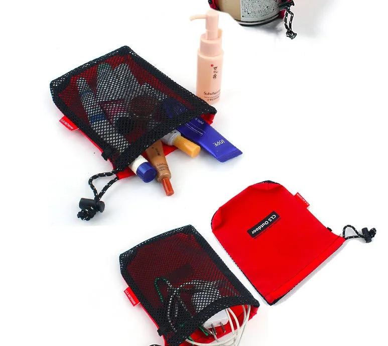 Five Oxford drawstring bags with 200D cloth and mesh in a set for storage and travel