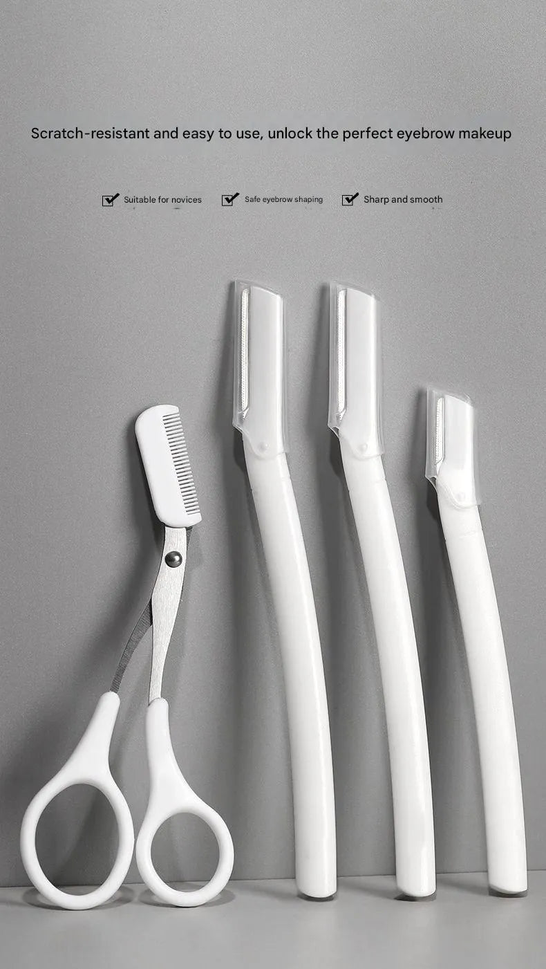 Eyebrow trimming tool set with safety guard and protective blade cover for home grooming