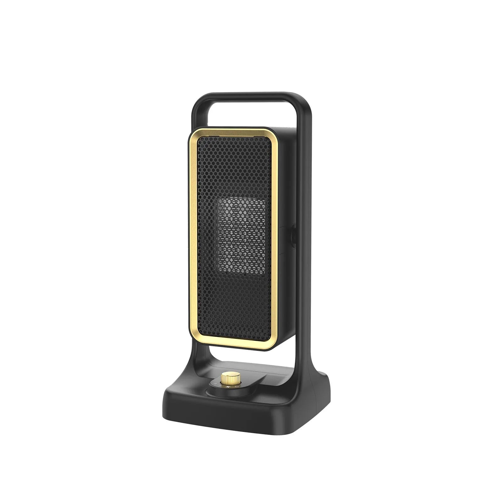 Black portable PTC ceramic desktop fan heater on a wooden desk.