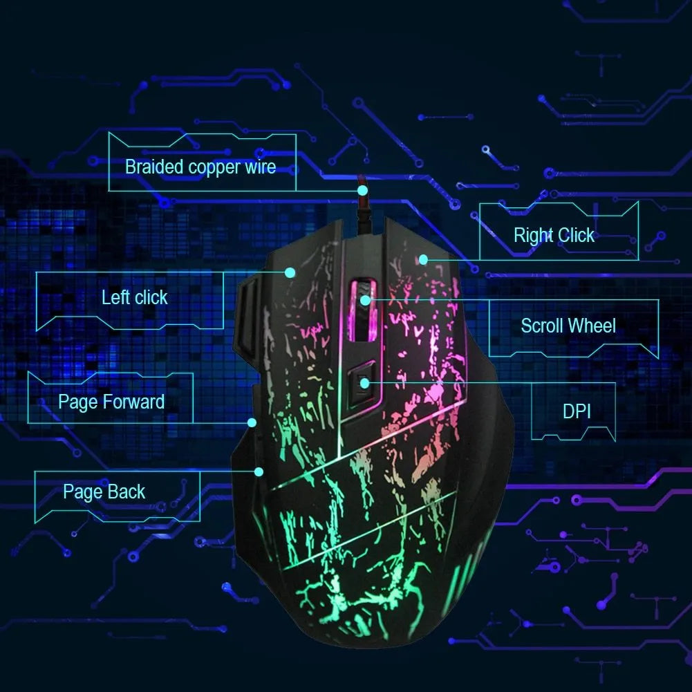 Wired optical gaming mouse with transparent luminous black shell, 7 buttons, USB connection