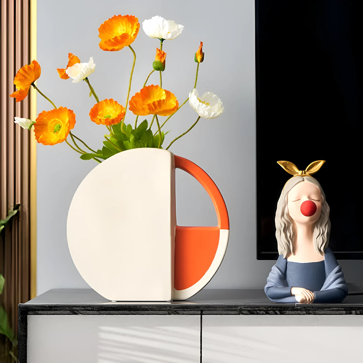 Orange and white ceramic vase, simple modern style, 21.5x24x6cm with 10cm diameter, freestanding for indoor home decor